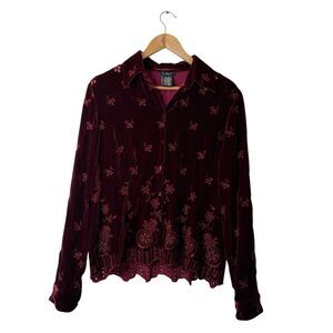 ECI Velvet Embroidered Silk Blend Top Size L Burgundy Button Up Fairy Whimsigoth